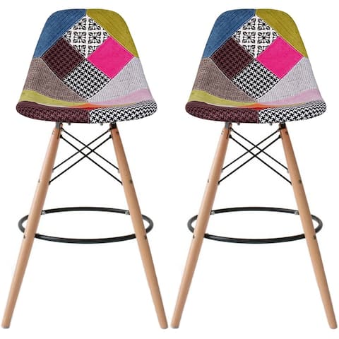 Set of 2 28inch Chair DSW Patchwork Fabric Counter Bar Stool Height Armless Natural Legs With Back Padded Cushion Seat