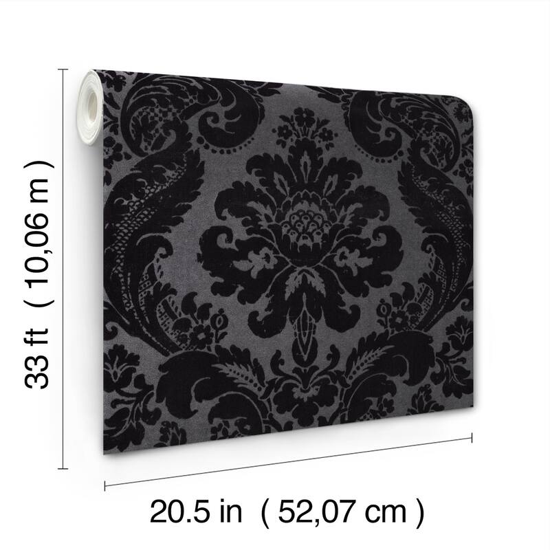A-Street Prints Shadow Black Flocked Damask Wallpaper