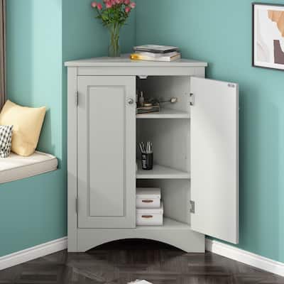 Floor Corner Cabinet Grey Bathroom Storage Cabinet Freestanding Cabinet with Storage Cabinets and 2 Doors