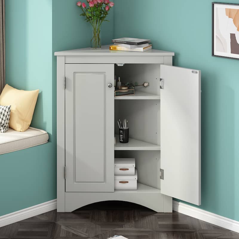 Grey Triangle Bathroom Storage Cabinet with Adjustable Shelves, Corner Cabinet Medicine Cabinet with 2 Doors