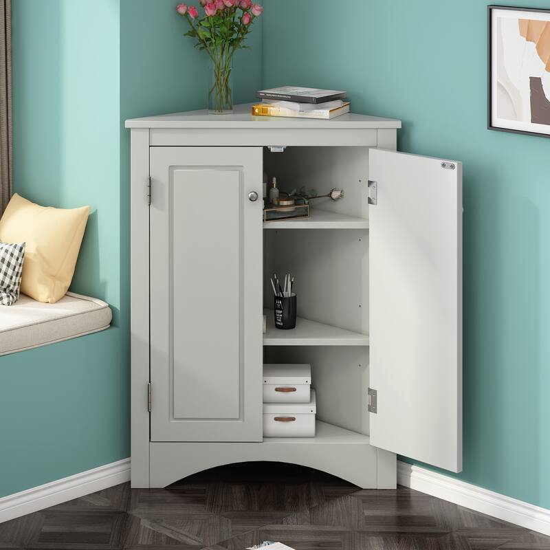Roomfitters Triangle Corner Bathroom Cabinet, Modern MDF Floor Storage Organizer with Adjustable Shelves & Metal Knobs