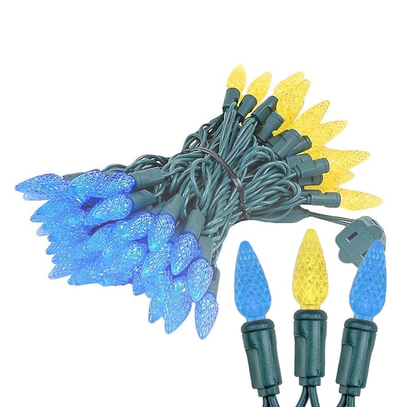 70 Light C6 LED Christmas Mini Light Set, Blue/Yellow, Green Wire, 24 Feet - Large