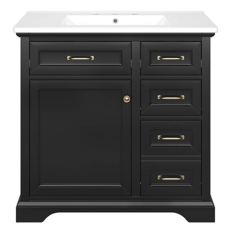 Roomfitters 36" Bathroom Vanity with Integrated Ceramic Sink, 2 Tip-out Drawers, Adjustable Shelving & Soft-Close Hinges, Black