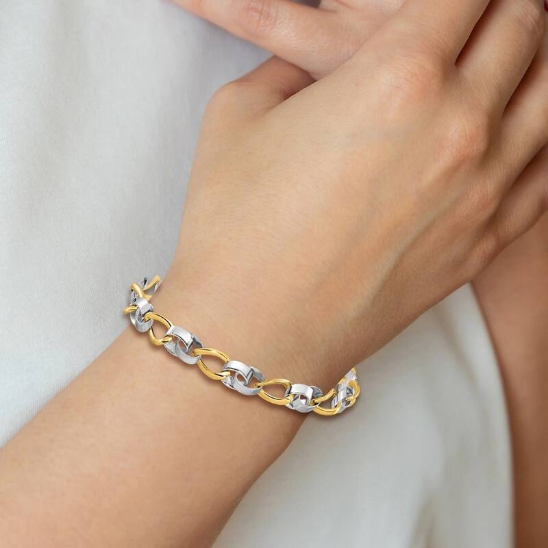 Curata 10k Two Tone Gold 7.5" 7mm Polished and Sparkle Cut Circle and Twist Link Bracelet