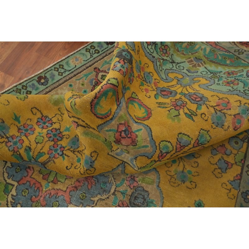 Hand Knotted Oriental 100% Wool Carpet Traditional Floral Yellow & Gold Tabriz Area Rug - 9' 10'' X 6' 7''