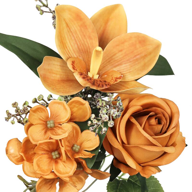 Set of 2 Cafe Brown Artificial Mixed Rose Cymbidium Orchid Hydrangea Flower Stem Bush Bouquet 16in - 16" L x 9" W x 9" DP