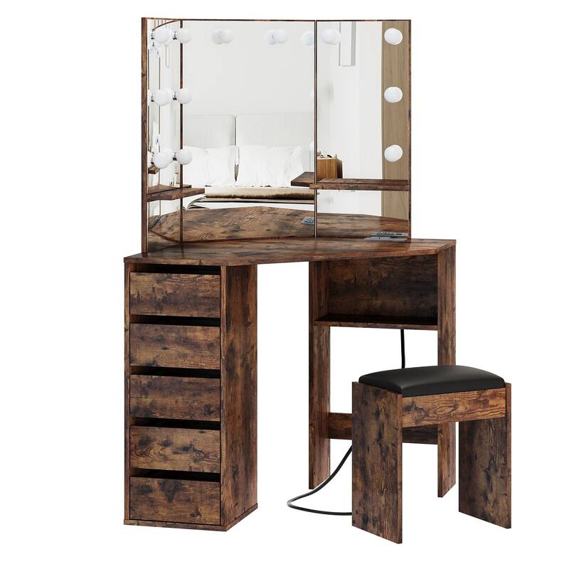 Corner Makeup Vanity Desk with Mirror and Lights