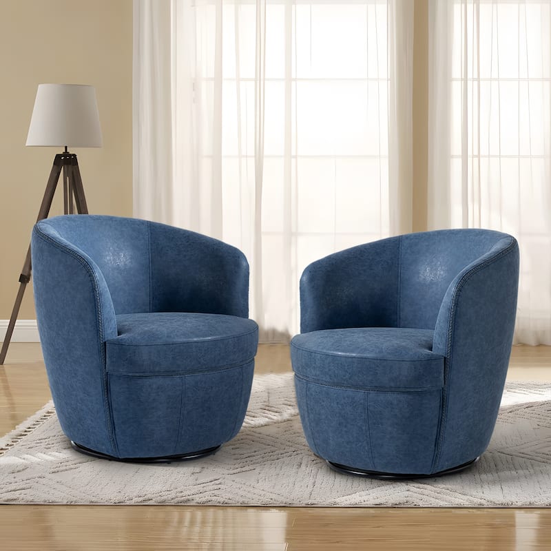 Modern Upholstery Barrel Swivel Chair Faux Leather - Set of 2 Chair - Navy