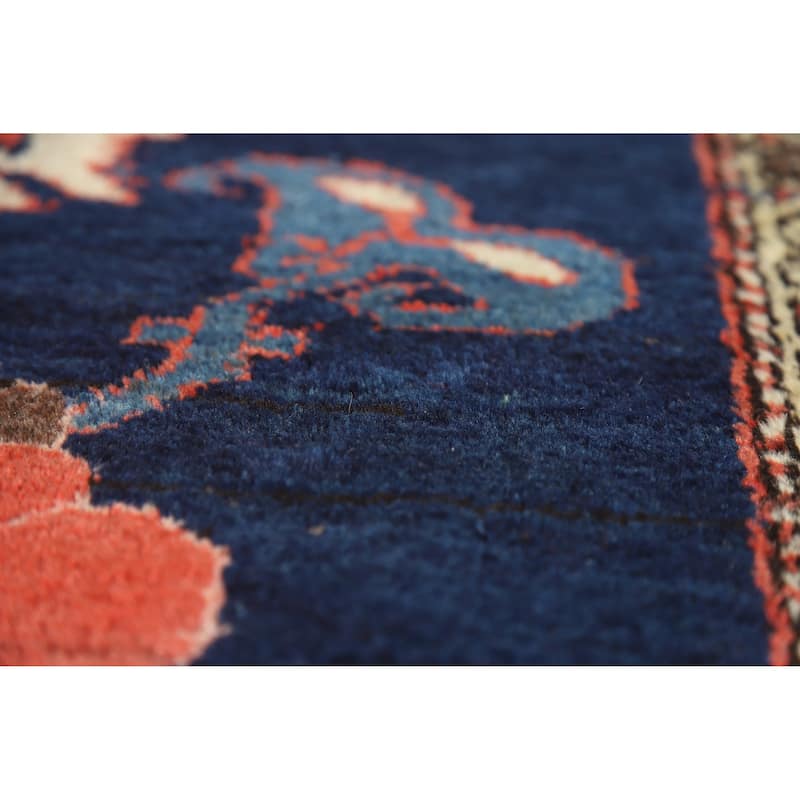 Hand Knotted Oriental 100% Wool Carpet Traditional Floral Navy Blue & Blues Heriz Runner Rug - 14' 9'' X 3' 9''