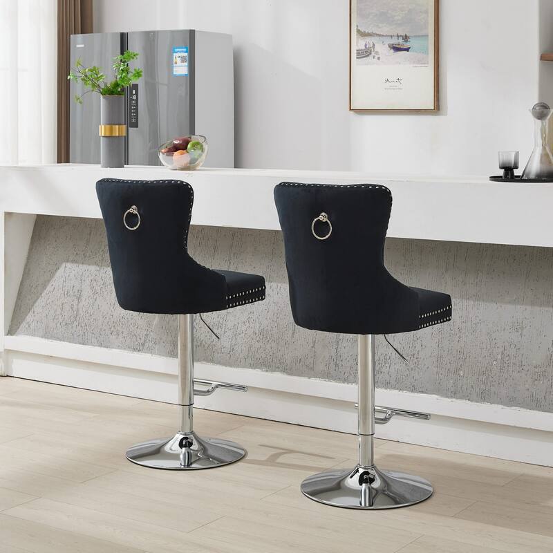 Swivel Barstools Set of 2 Adjustable Height Accent Chair Velvet Upholstered Bar Stools with Nailhead Trim, Tufted and Pull Ring