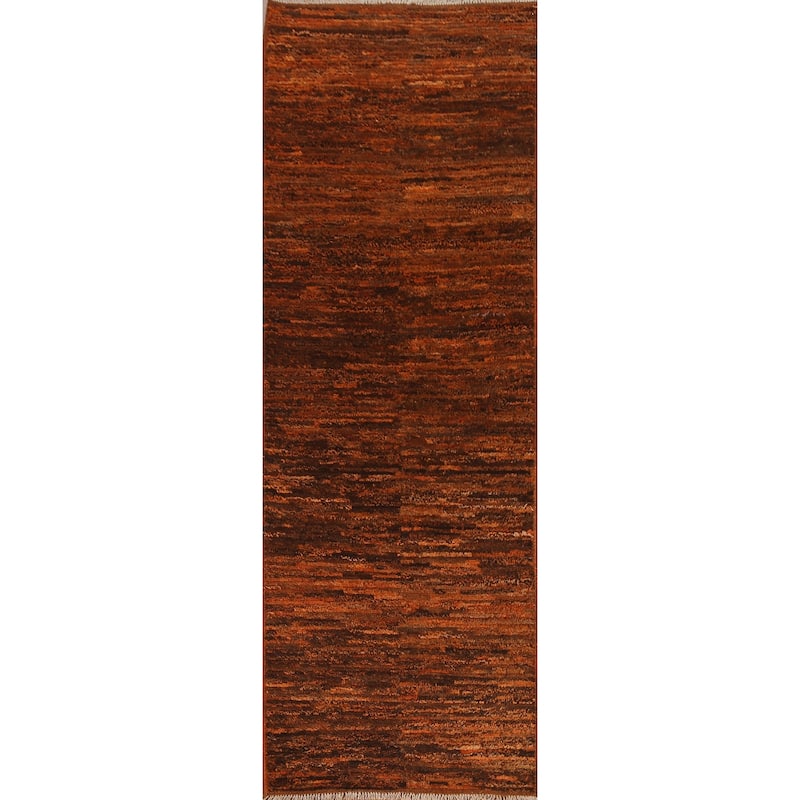 Hand Knotted Oriental 100% Wool Carpet Tribal Stripe Oranges & Rust Moroccan Runner Rug - 9' 7'' X 3' 0''