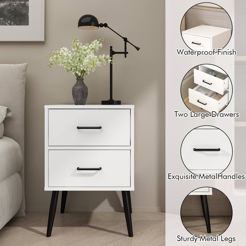 Anmytek 2-Drawer White Nightstand Modern Bedside Table with Metal Legs and Handles