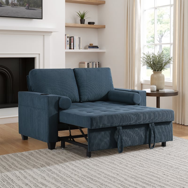 Corduroy Pull-Out Chair Bed Adjustable Recline Convertible Sleeper Sofa - Navy