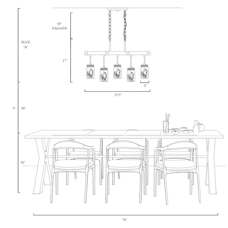 Walton Modern Farmhouse 5-Light Linear Chandelier Mason Jar Glass Kitchen Island Light - L 25.5" x W 3" x H 17"