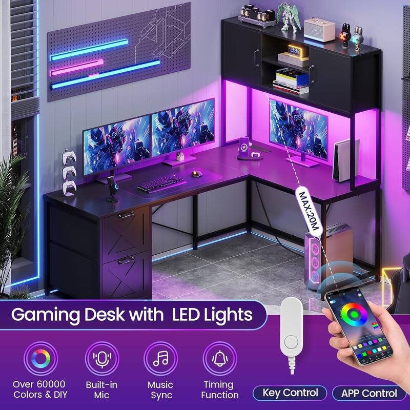 L Shaped Computer Desk with Drawers Corner Gaming Desk storage shelves