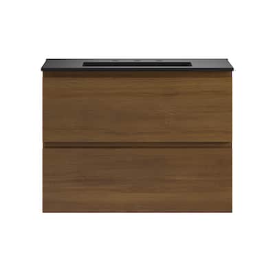 Liberte 30" Wall-Mounted Bathroom Vanity In Brown Oak With Black 3-Hole Widespread Sink Top - 30