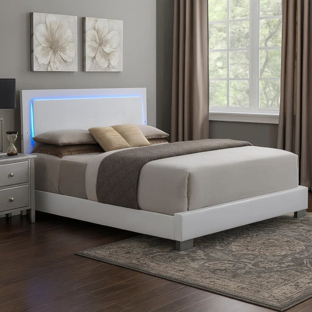 Sok Queen Panel Bed with LED Headboard, Low Profile Footboard, Glossy White