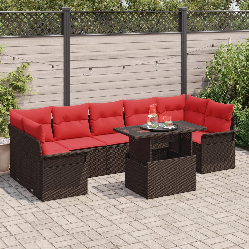 vidaXL 8 Garden Sofa Set with Cushions Black/Brown/Grey Poly Rattan - 113.8 x 52.2 x 27.2