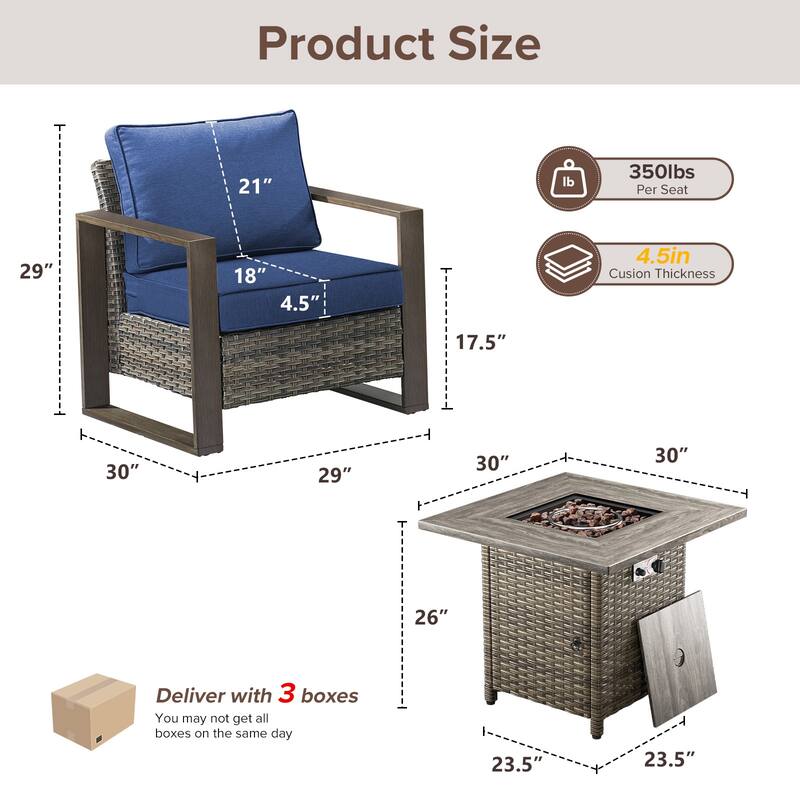 Meyreso 5-Piece Wicker Patio Conversation Set with Fire Pit & Plush 4.5" Olefin Cushions