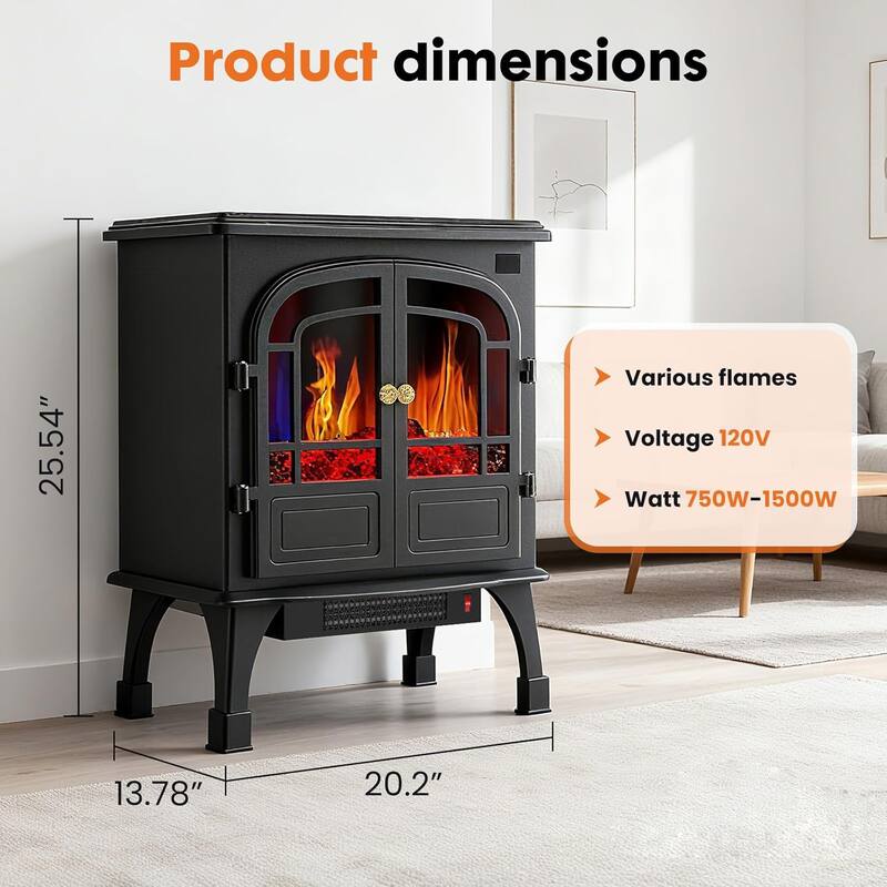 26Inch Electric Fireplace Stove , Free-Standing Infrared Fireplace Stove, Controllable 3D Flame, 1500w, 5000BTU - double door