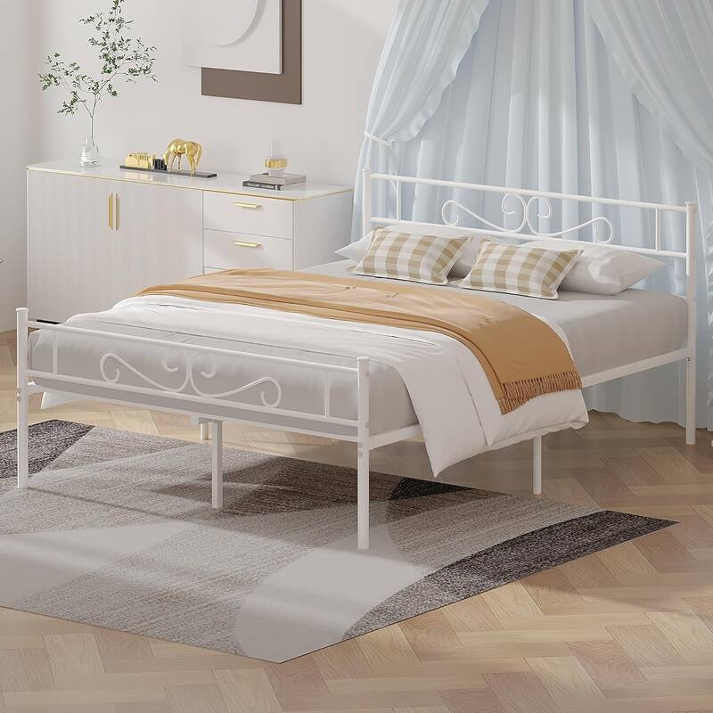 Metal Bed Frame with Headboard and Footboard- Twin/Full/Queen Size Bed - White - Full