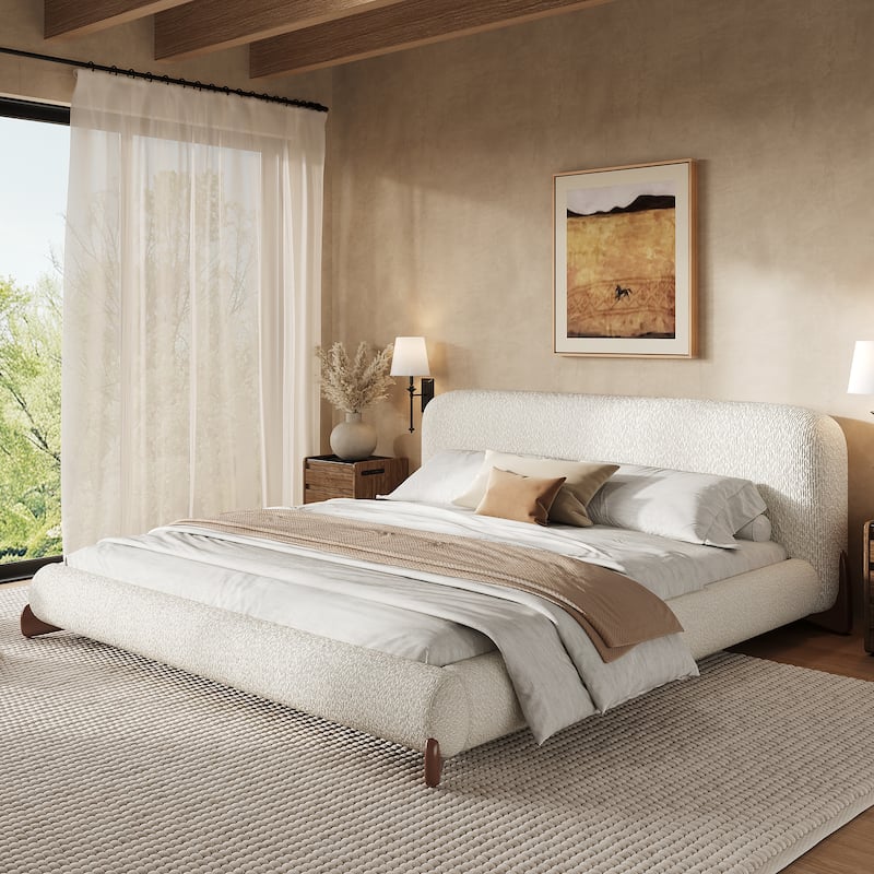 Christopher Knight Home - Oberon Boucle Upholstered Platform Bed with Thick Headboard and Solid Wood Legs - White - King