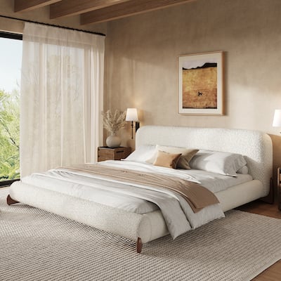 Christopher Knight Home - Oberon Boucle Upholstered Platform Bed with Thick Headboard and Solid Wood Legs