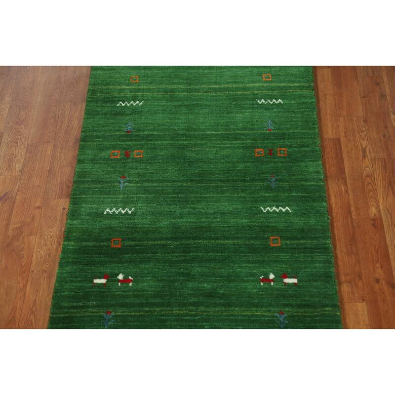 Green Gabbeh Indian Runner Rug Handmade Tribal Wool Carpet - 2'7" x 7'7"