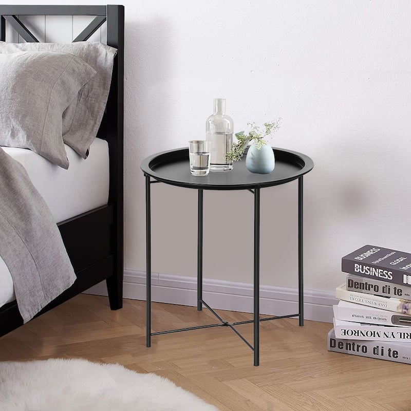 VECELO Modern Side Table with Round Removable Tray,Black(Set of 1/Set of 2)