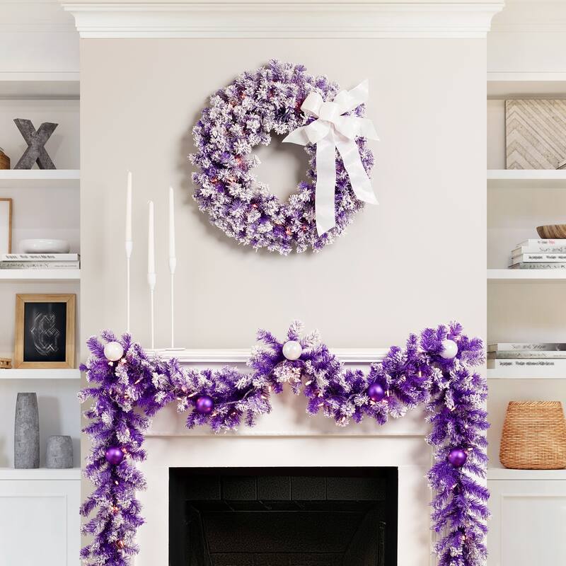 Pre-Lit Artificial Flocked Pine Christmas Garland - 9' - Purple - Clear Lights