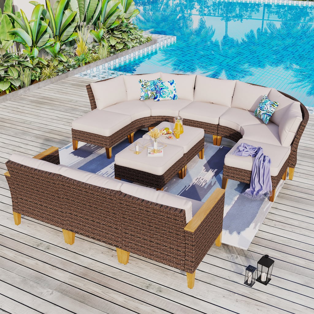 11-Piece Outdoor Wicker Half-Round Furniture Set, Half-Moon Sectional Sofa Set All Weather Rattan Curved Conversation Sets