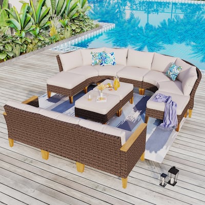 11-Piece Outdoor Wicker Half-Round Furniture Set, Half-Moon Sectional Sofa All Weather Curved Conversation Set