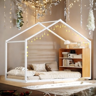 Metal PlayHouse Bed Frame with Bookshelves and LED for Kids