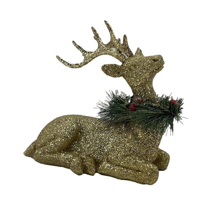 Sitting Glitter Deer Christmas Figurine - 9" - Gold and Green