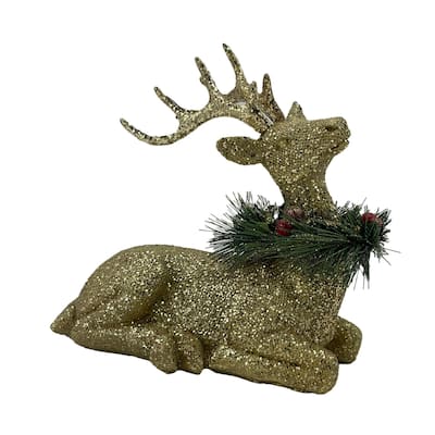 Sitting Glitter Deer Christmas Figurine - 9" - Gold and Green