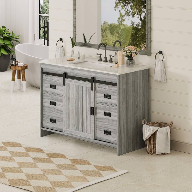 EROMMY Farmhouse Bathroom Vanity with Ceramic Top and Sliding Barn Door Sink Cabinet