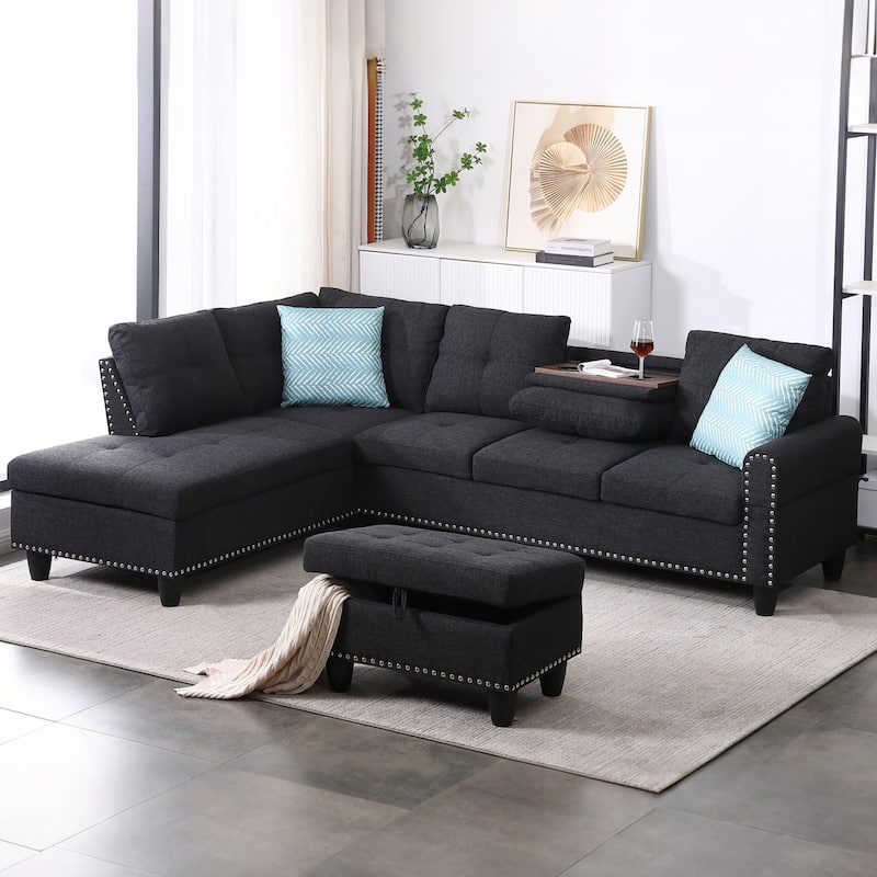 HOMEFUN Linen/Leather Upholstered L-Shaped 4-seater Multifunctional Sectional Sofa with Storage Ottoman,Cup Holder - Charcoal Grey-Linen