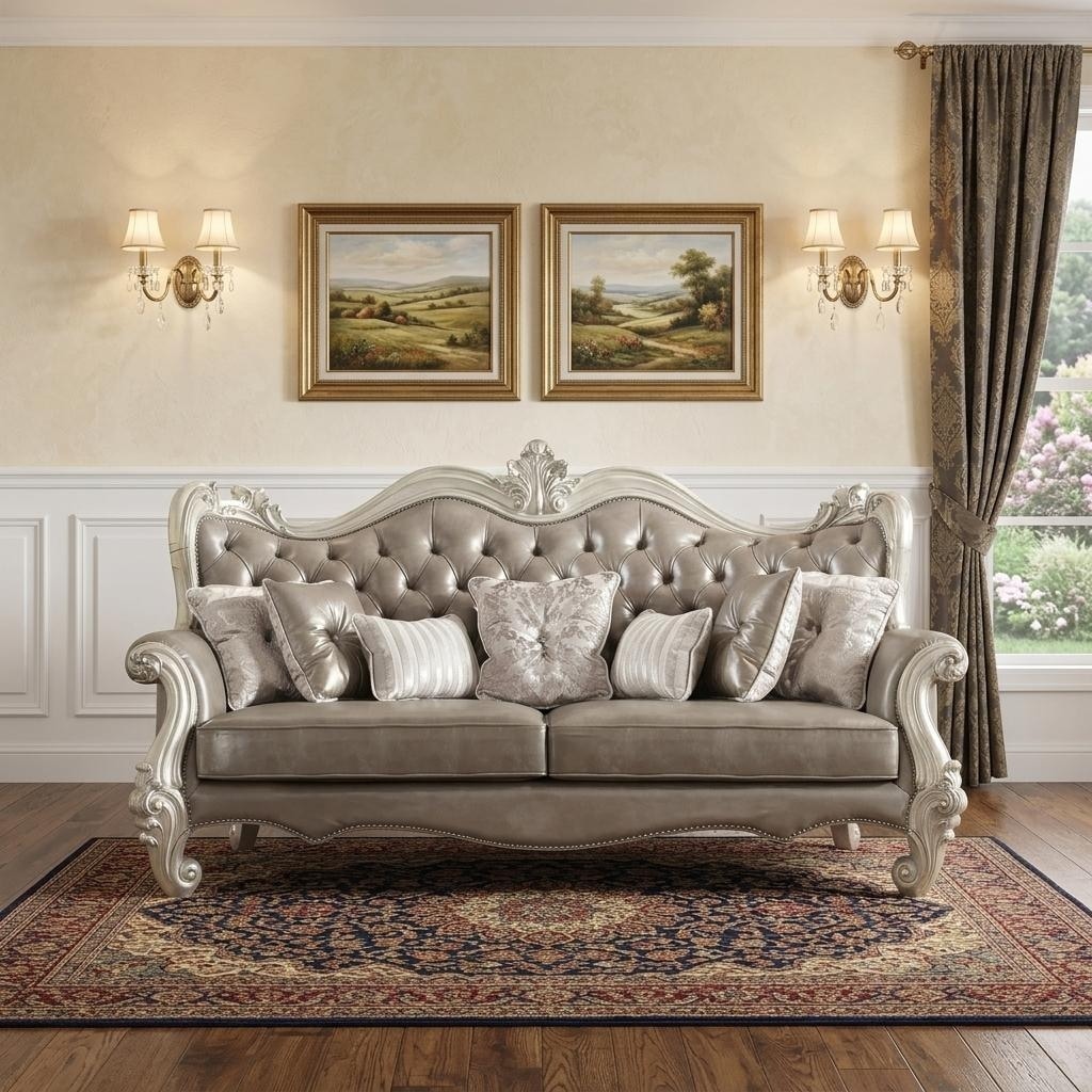 HomeRoots 90" Gray Faux Leather Curved Sofa And Toss Pillows With Bone Legs