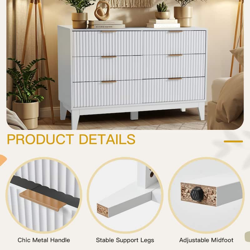 EROMMY Fluted Dresser 6 Drawer Mid Century Modern Dresser Wide Chest of Drawers with Metal Handles for Bedroom Living Room