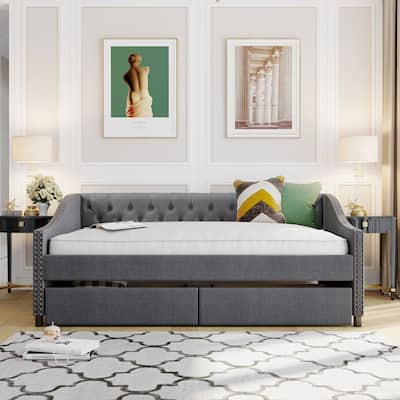 Full Upholstered Daybed with Storage Drawers, Tufted Backrest, No Box Spring Needed