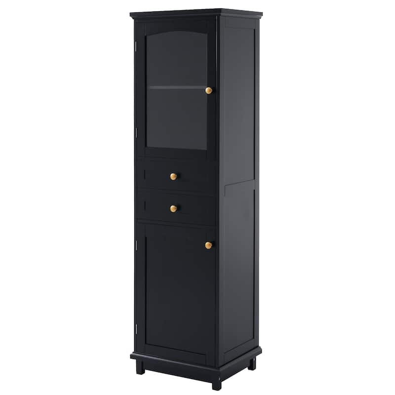 GDFStudio - Mary 63" Tall Bathroom Storage Cabinet with Glass Doors, Two Drawers, and Adjustable Shelves