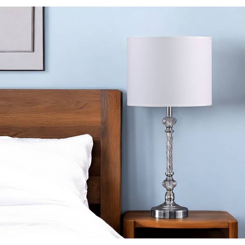 Modern Glam Silver and Crystal Table Lamp with White Cotton Shade - 9.50" x 9.50" x 19.25" - Silver-White