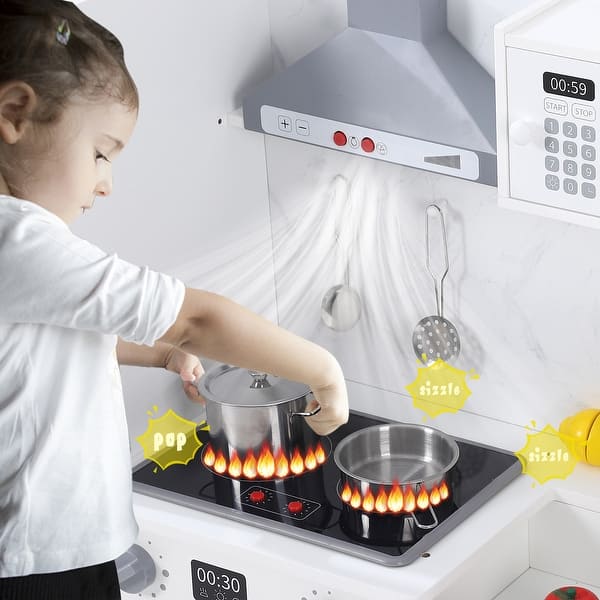 dimension image slide 0 of 3, Wooden Play Kitchen for Kids with Cookware Playset,Lights & Sounds,20 Accessories and Ice Maker,Microwave,Oven,Range Hood,Sink