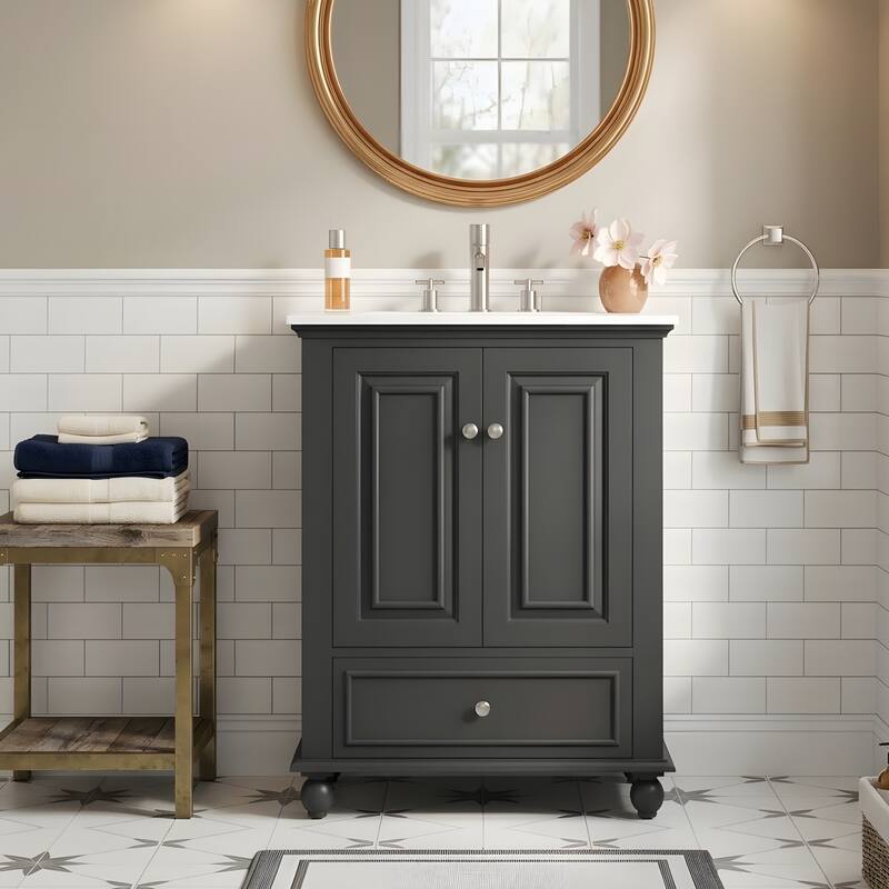 Bathroom Vanity with Ceramic Sink, Bathroom Storage Cabinet with Soft Closing Doors - Black
