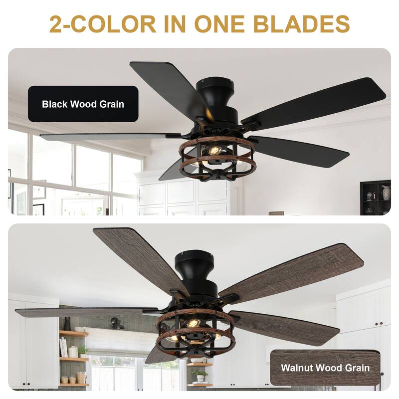 Cusp Barn 52-In Farmhouse Black Caged Ceiling Fan with Lights and Remote Control, Low Profile Flush Mount Chandelier Ceiling Fan