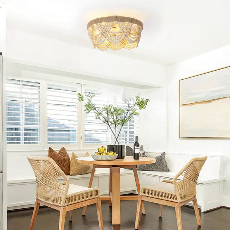 20" Bohemian Wood Beaded Beige Smart Ceiling Fan with Remote and Light, APP Control - 19.7" D x 19.7" W x 10.1" H