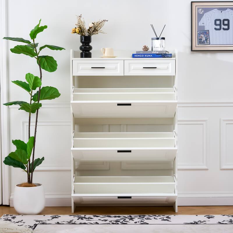 Shoe Cabinet with 3 Flip Drawers & 2 Drawers, Hidden Slim Shoe Rack Cabinet, Wood Entryway Narrow Shoe Storage Cabinet
