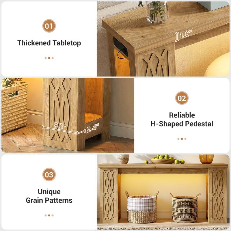 63" Farmhouse Console Table with RGB LED Lights ＆ Power Outlets, Unique Carved Design Entryway Table, Wooden Sofa Table