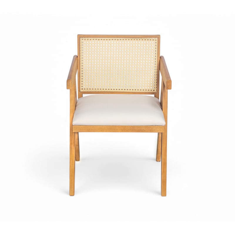 Farmhouse Rattan Dining Chairs Set of 2, Upholstered Armchairs with Backrest, Kitchen Side Chairs with Solid Wood Frame