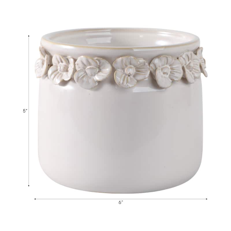 Ceramic Round Planter Sculpted Floral Rim Detail and Drainage Hole
